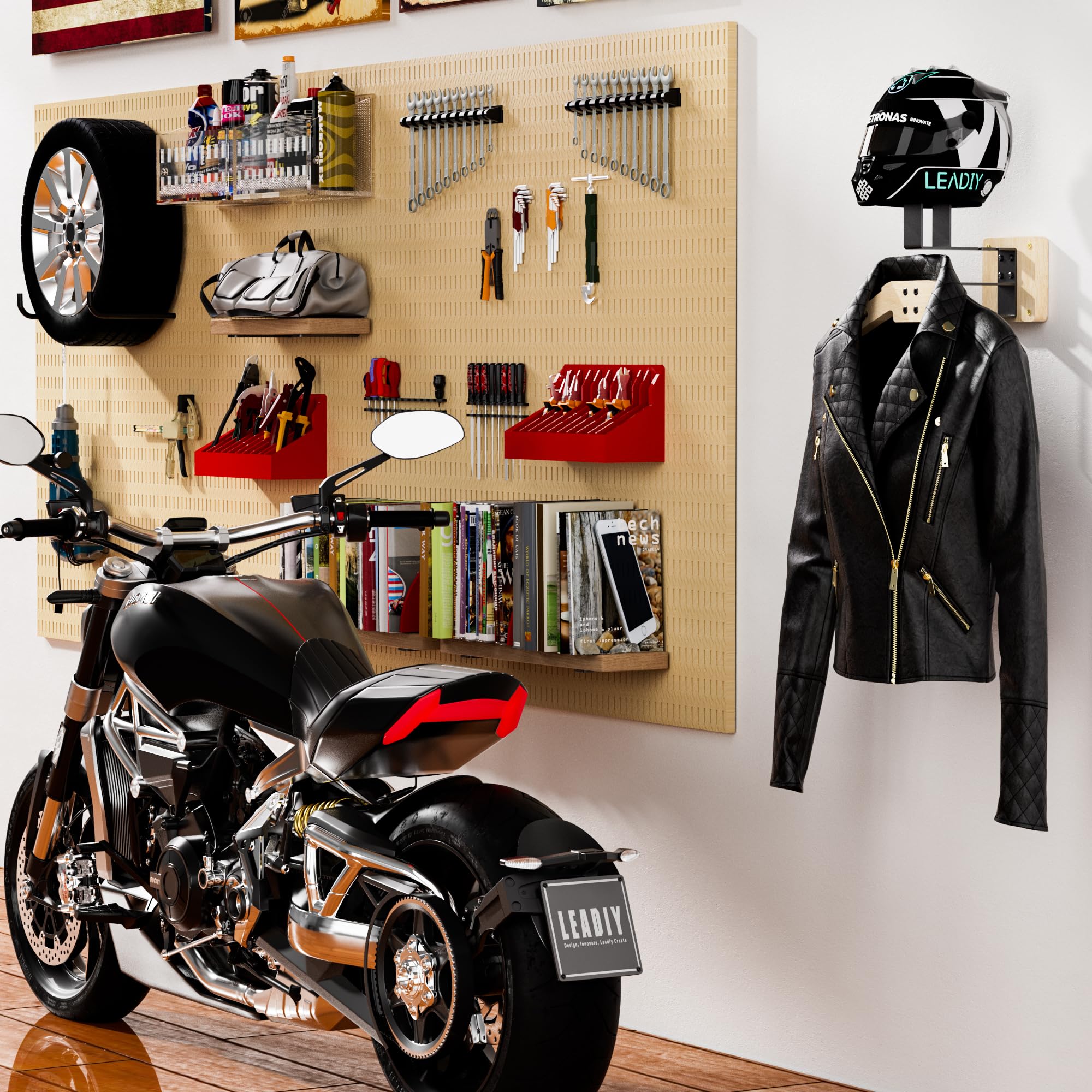 Leadiy Motorcycle Helmet Holder, Helmet Holder Wall Mount,Motorcycle Helmet Rack with Jacket Hanger