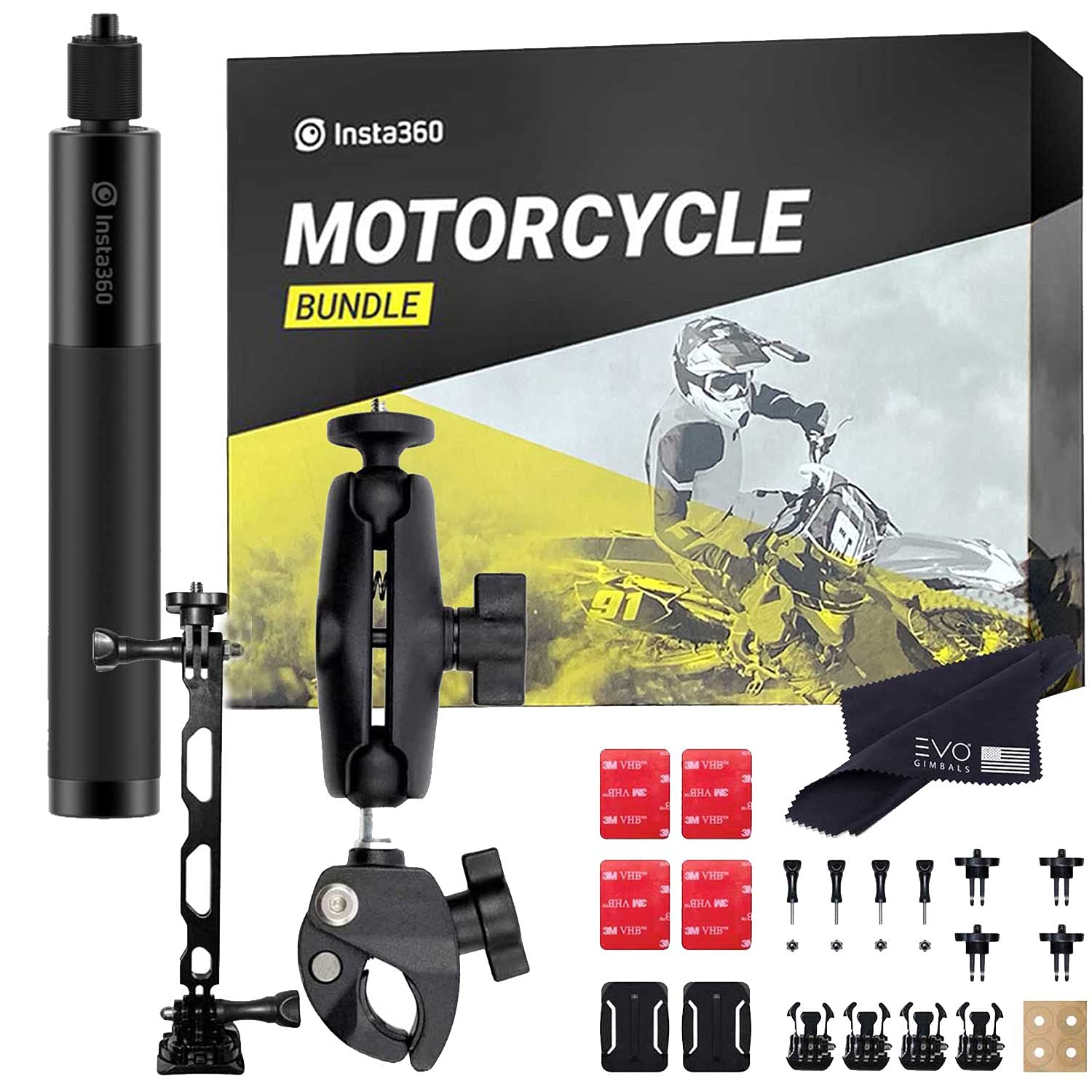 Insta360 Motorcycle Bundle with Invisible Selfie Stick- Complete Mounting Kit for Insta360 X4/X3/X2/X Cameras | Compatible with Insta360 GO 3/3S/GO2/ONE R/RS, EVO and GoPro 12/11/10/9/MAX (2 Items)