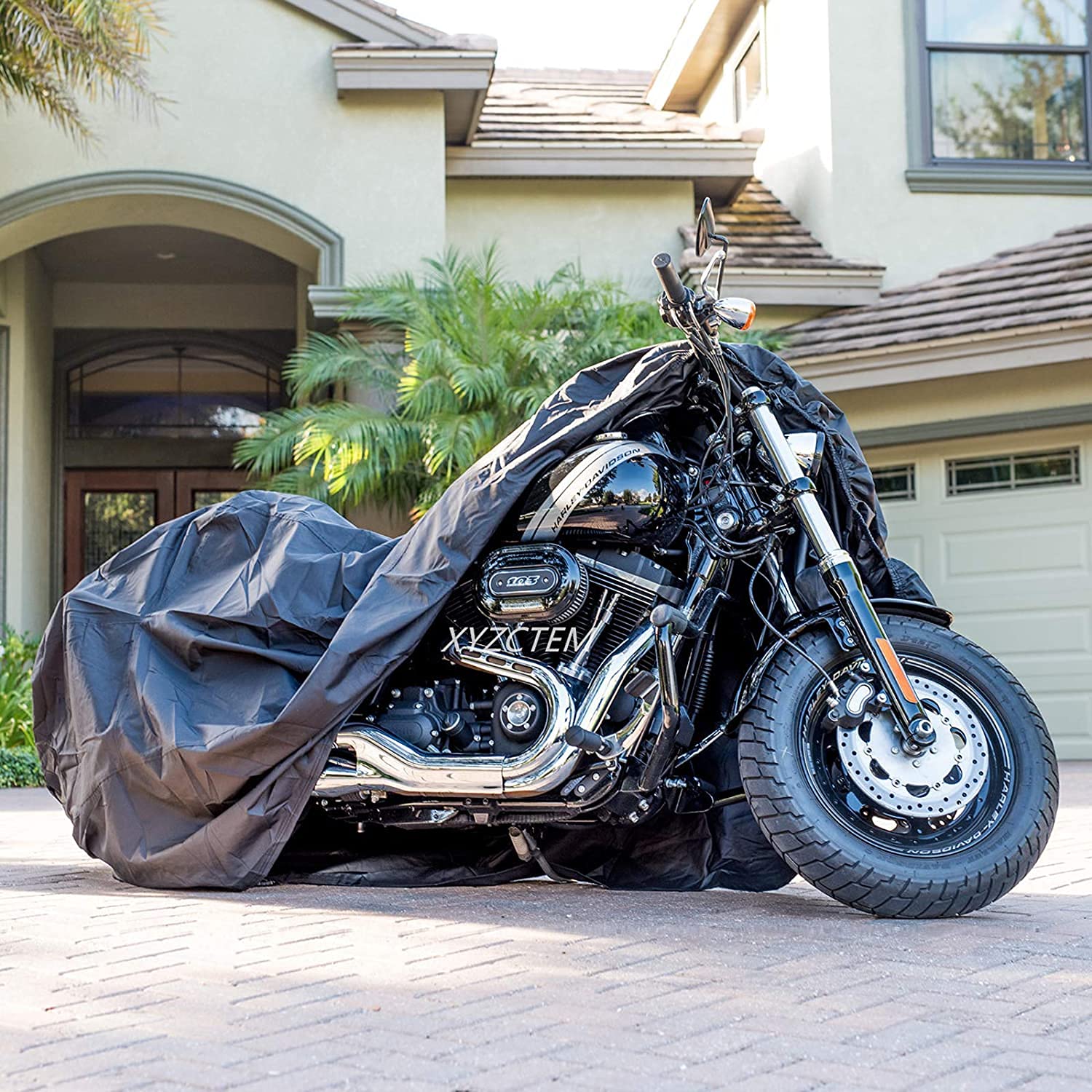 XYZCTEM Motorcycle Cover -Waterproof Outdoor Storage Bag,Made of Heavy Duty Material, Fits up to 87" Harley Davison and All Motors(Black& Lockholes& Professional Windproof Strap)