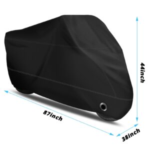 XYZCTEM Motorcycle Cover -Waterproof Outdoor Storage Bag,Made of Heavy Duty Material, Fits up to 87" Harley Davison and All Motors(Black& Lockholes& Professional Windproof Strap)