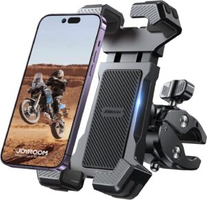 joyroom motorcycle phone mount, [fastest visualize lock][150mph wind anti-shake] bike phone holder with easy install handlebar clamp, fits for bicycle scooter atv/utv, fit for iphone & all phones