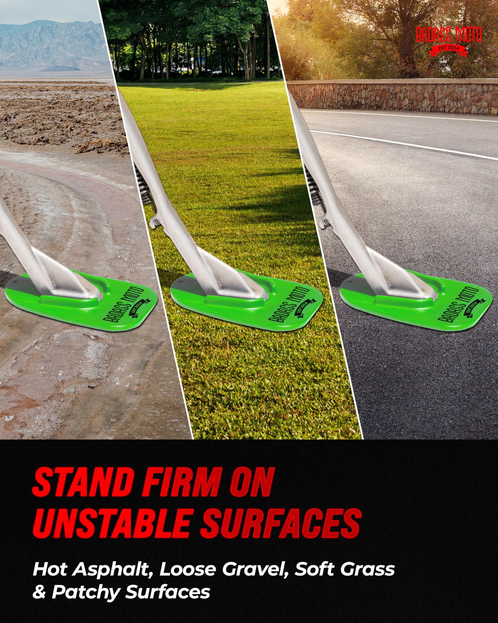 Badass Moto Motorcycle Kickstand Pads - Motorcycle Pads Durable Motorcycle Kickstand Plate, Biker Kick Stand, Motorcycle Stand Pad - Park Your Bike on Hot Pavement, Grass, Soft Ground - Go Fast Green