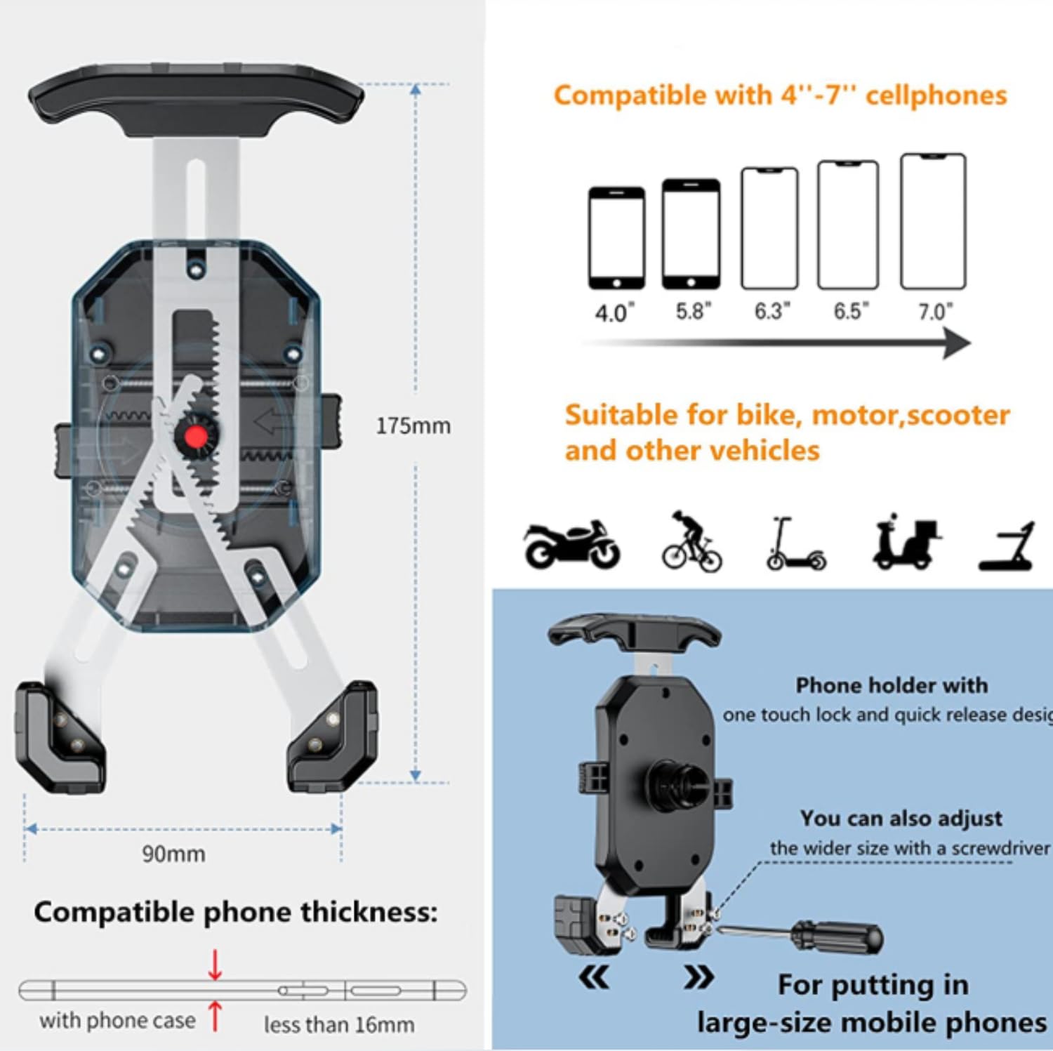 Kewig Motorcycle Phone Mount, Bike Phone Mount with Quick Install Handlebar Clamp, Scooter ATV Motorcycle Cell Phone Holder Cradle with Aluminum Alloy Sturdy Mounting Base, Fit for 4-7" Phones