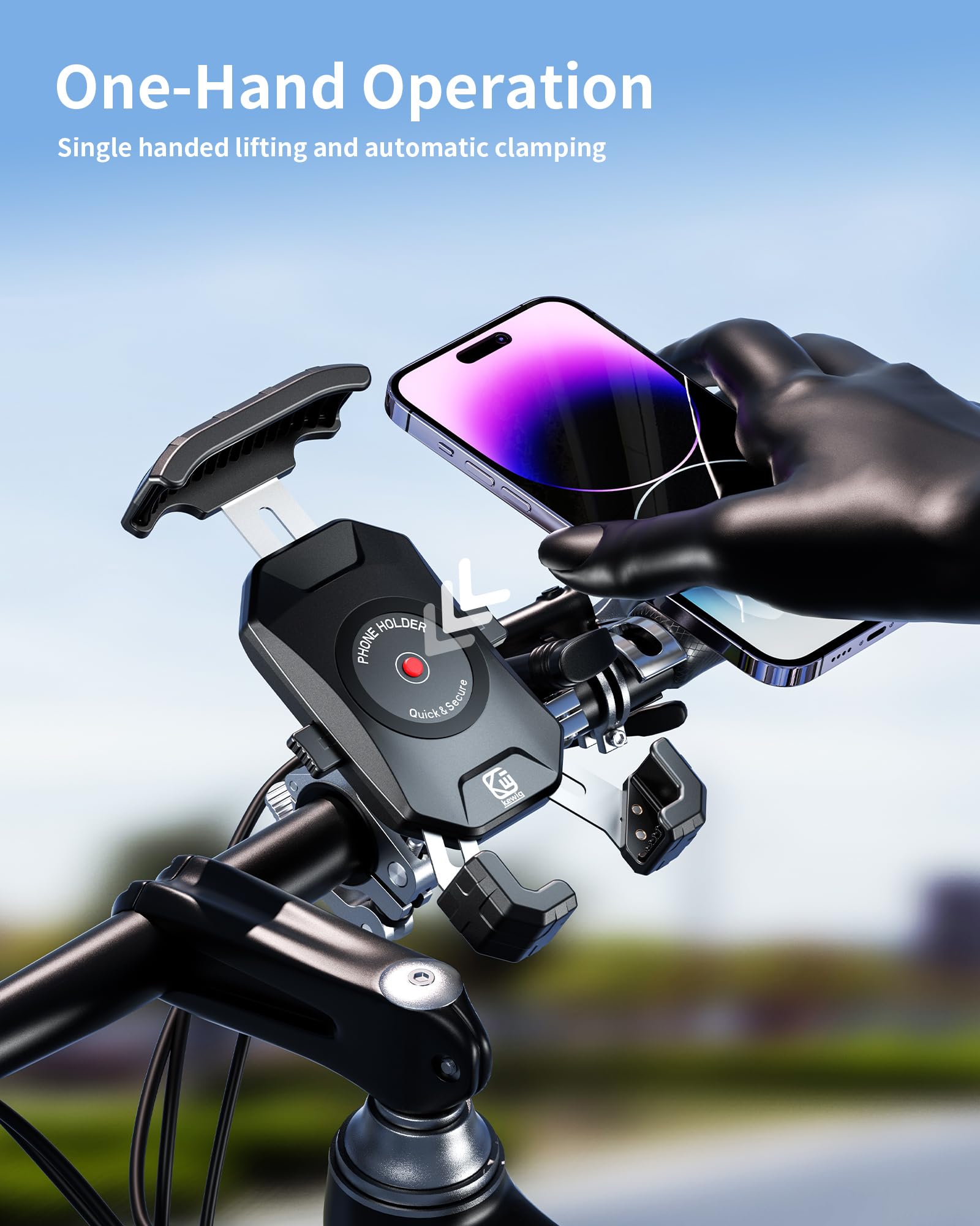 Kewig Motorcycle Phone Mount, Bike Phone Mount with Quick Install Handlebar Clamp, Scooter ATV Motorcycle Cell Phone Holder Cradle with Aluminum Alloy Sturdy Mounting Base, Fit for 4-7" Phones