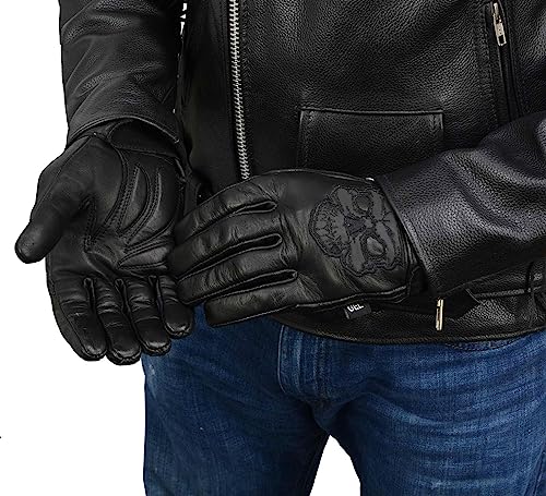 Milwaukee Leather Men's Black Leather ‘Reflective Skull’ Motorcycle Hand Gloves W/Gel Padded Palm MG7570 - Large