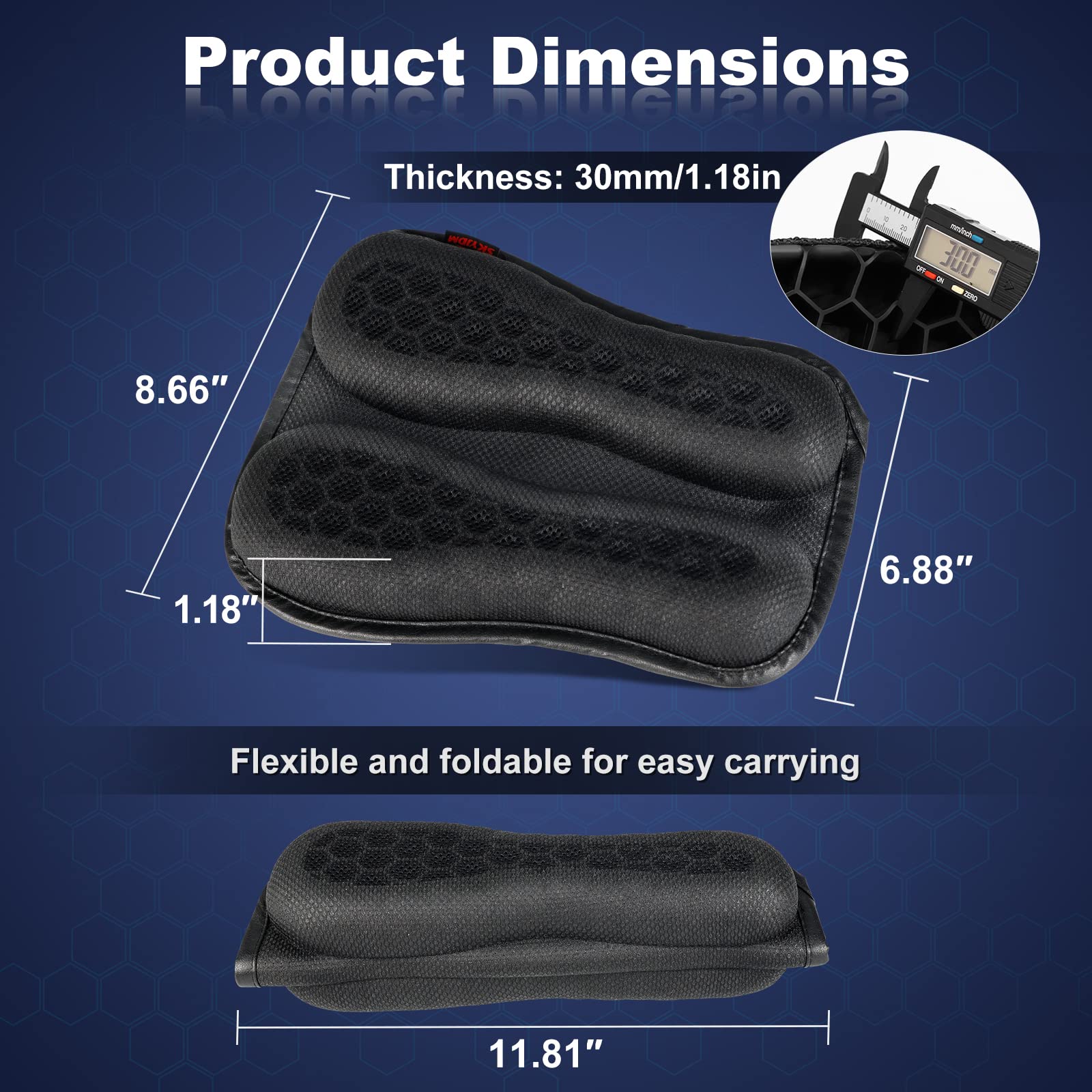 SKYJDM Foldable Passenger Motorcycle Gel Rear Seat Cushion, 3D Honeycomb Structure Shock Absorption & Breathable Motorcycle Gel Seat Rear Pad for Long Rides (S)