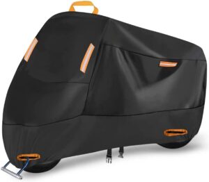 300d heavy duty small motorcycle cover, seceles all season durable waterproof outdoor protection scooter cover with lock-holes storage bag fits up to 73 inch bike (m: 75" x 33" x 39")