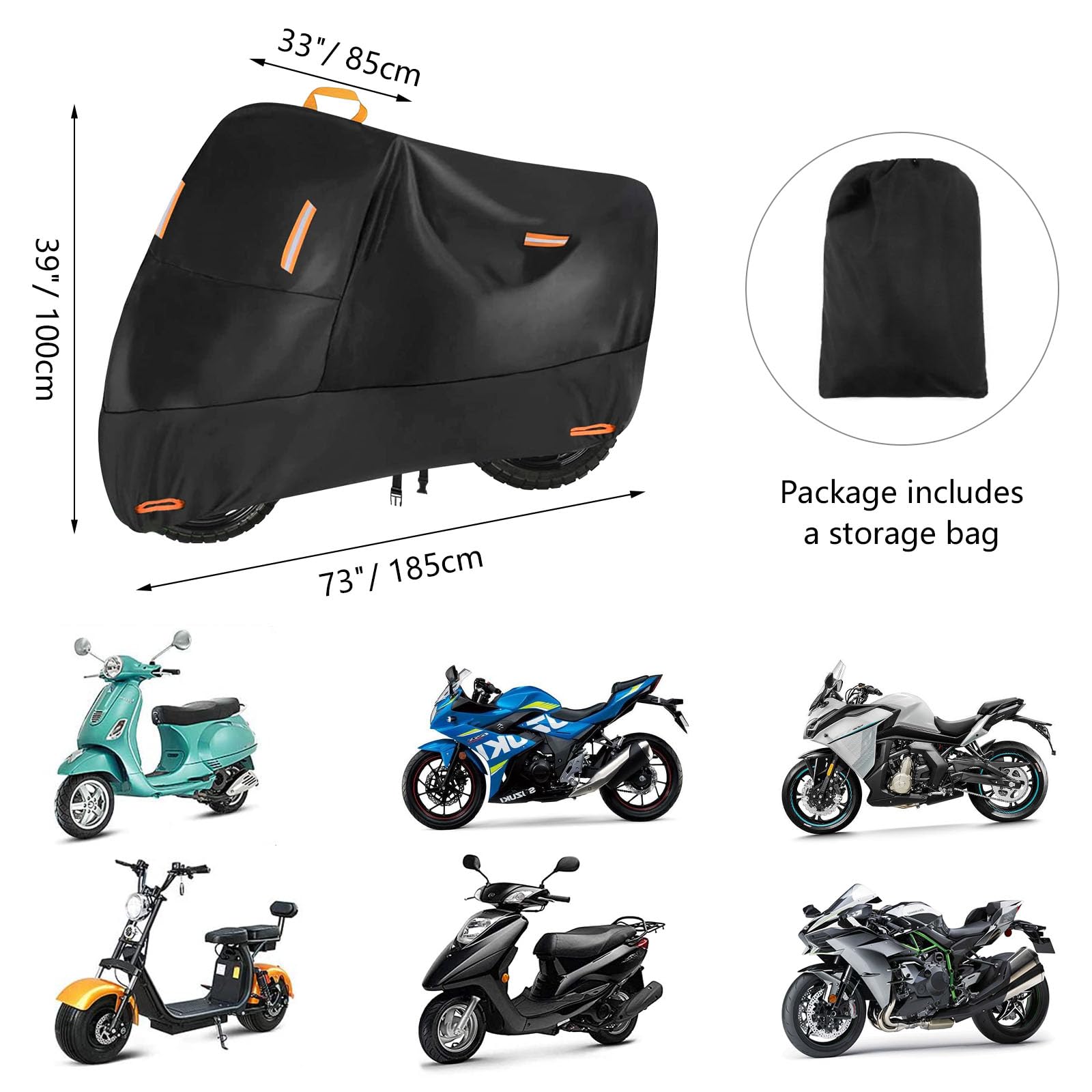 300D Heavy Duty Small Motorcycle Cover, Seceles All Season Durable Waterproof Outdoor Protection Scooter Cover with Lock-Holes Storage Bag Fits up to 73 inch Bike (M: 75" x 33" x 39")