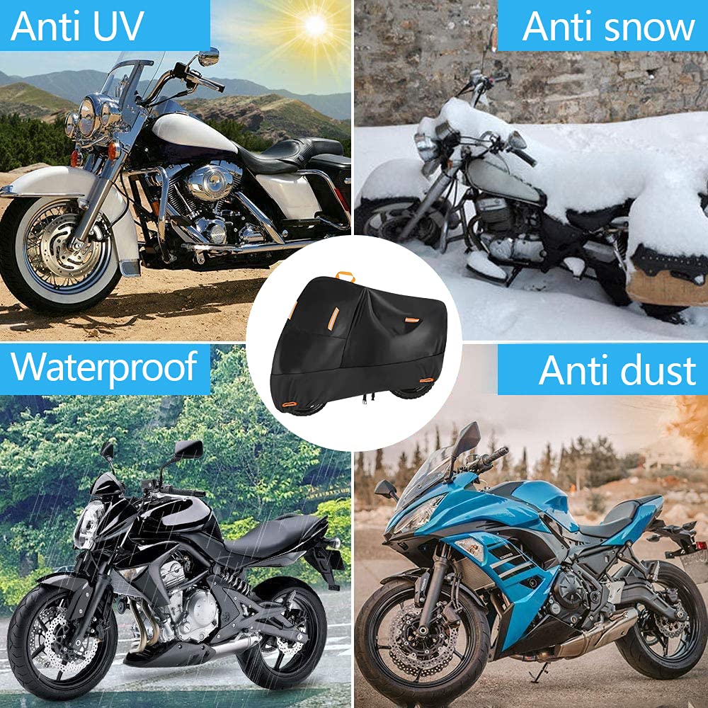 300D Heavy Duty Small Motorcycle Cover, Seceles All Season Durable Waterproof Outdoor Protection Scooter Cover with Lock-Holes Storage Bag Fits up to 73 inch Bike (M: 75" x 33" x 39")