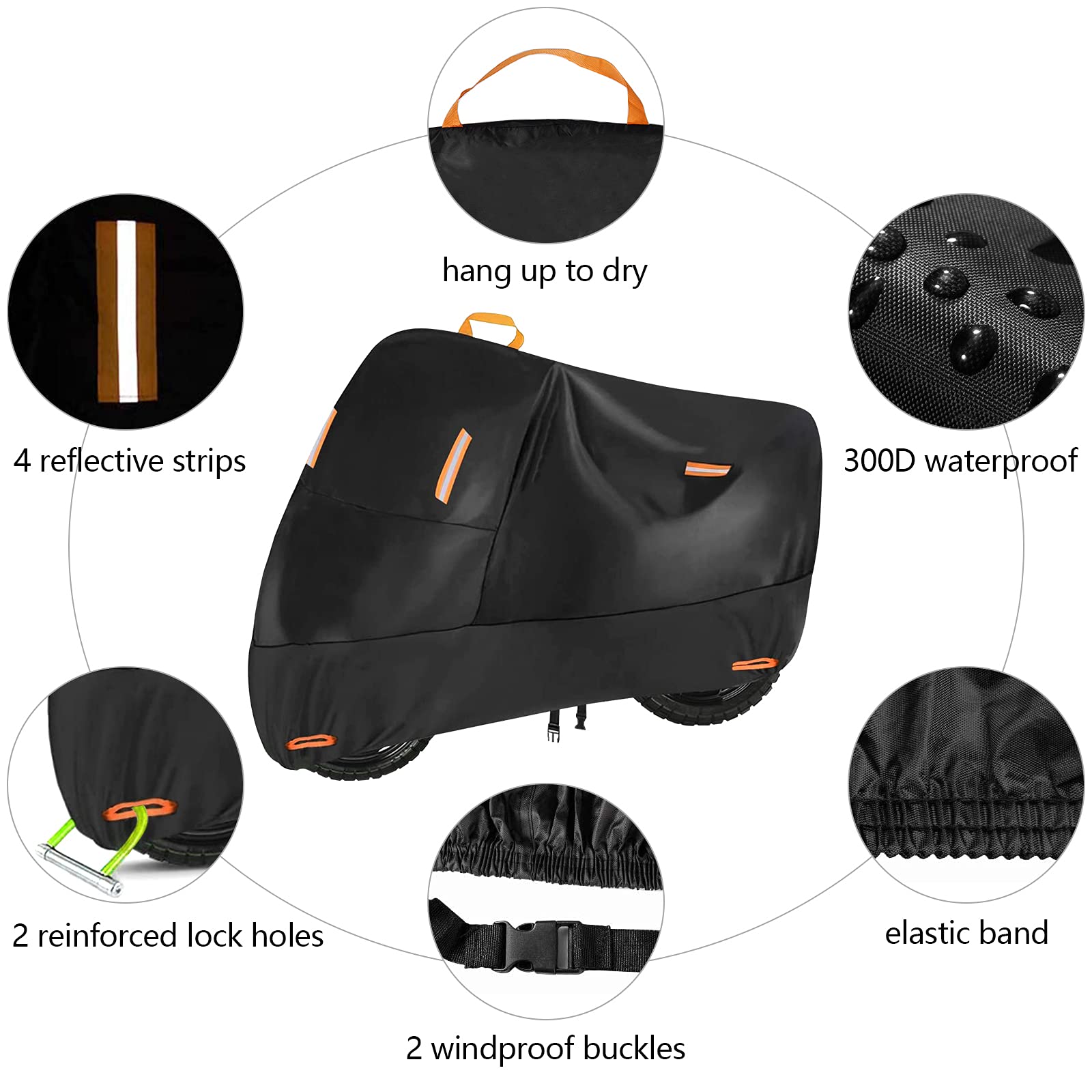 300D Heavy Duty Small Motorcycle Cover, Seceles All Season Durable Waterproof Outdoor Protection Scooter Cover with Lock-Holes Storage Bag Fits up to 73 inch Bike (M: 75" x 33" x 39")