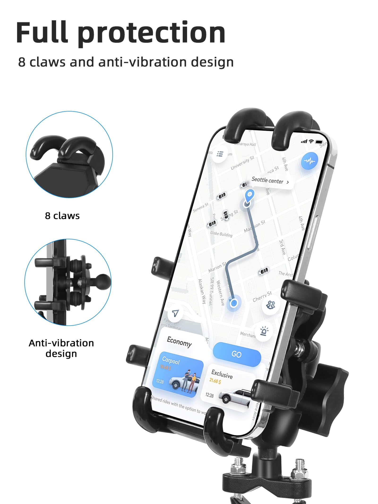 ZIDIYORUO Motorcycle Phone Mount with Vibration Dampener, One-Hand Operation Motorcycle Bike Phone Holder Holds 4.7"-7.1" Cell Phones on Handlebar, Cell Phone Holder for Bike Motorcycle Scooter ATV