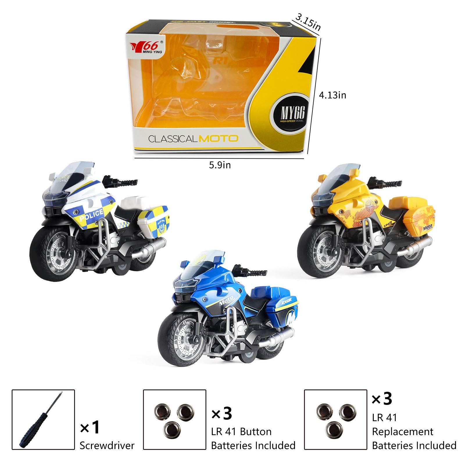 MING YING 66 Police Motorcycle Toy - Pull Back Toy Motorcycle with Sound and Light Toy,Toy Motorcycles for Boy,Toys for 3-9 Year Old Boys (White)