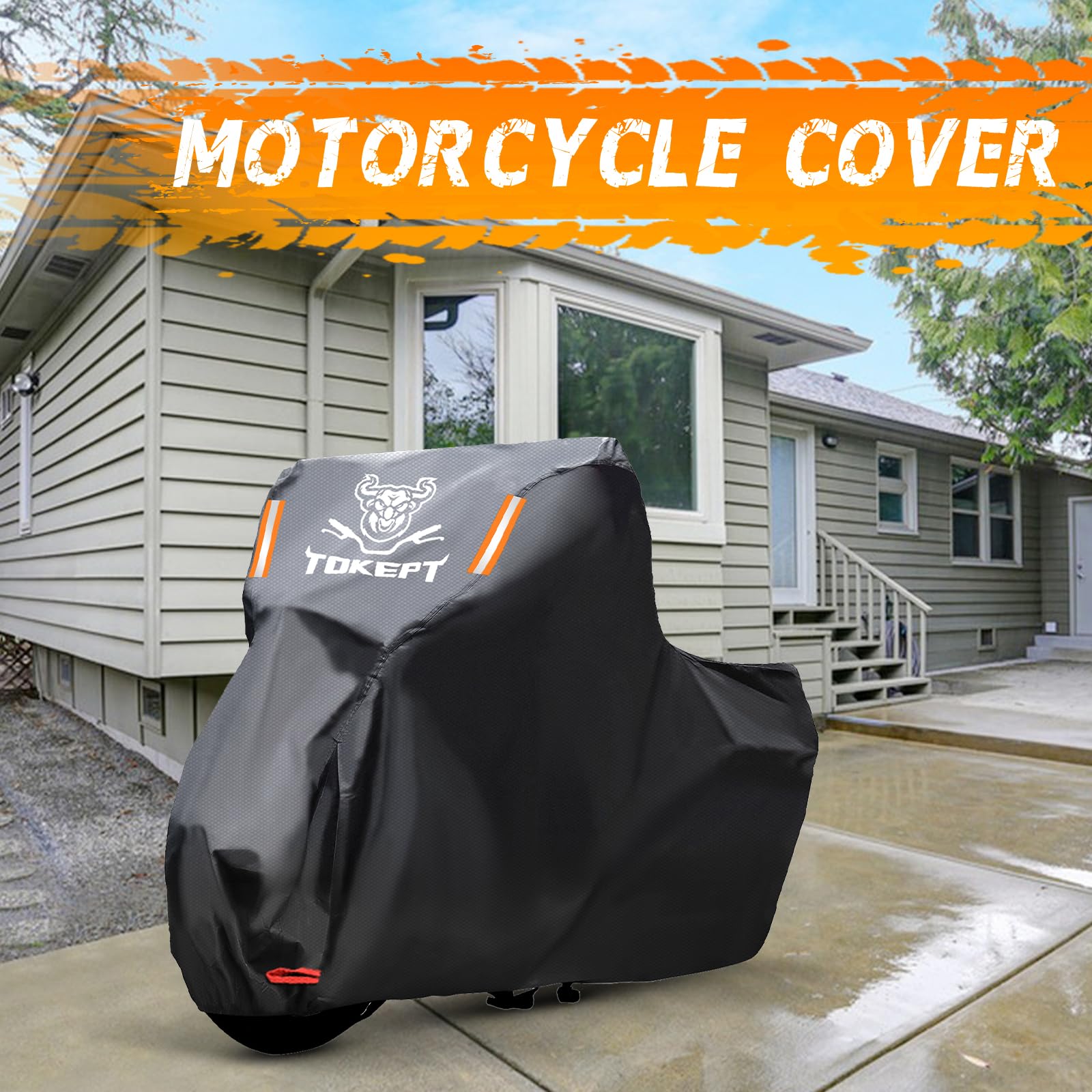 Tokept Black Motorcycle Cover, 210D Oxford Fabric All Weather Water Sun Protection, 116 inch Vehicle Cover for Harley Davidson Honda Suzuki Kawasaki Yamaha (XXXL)