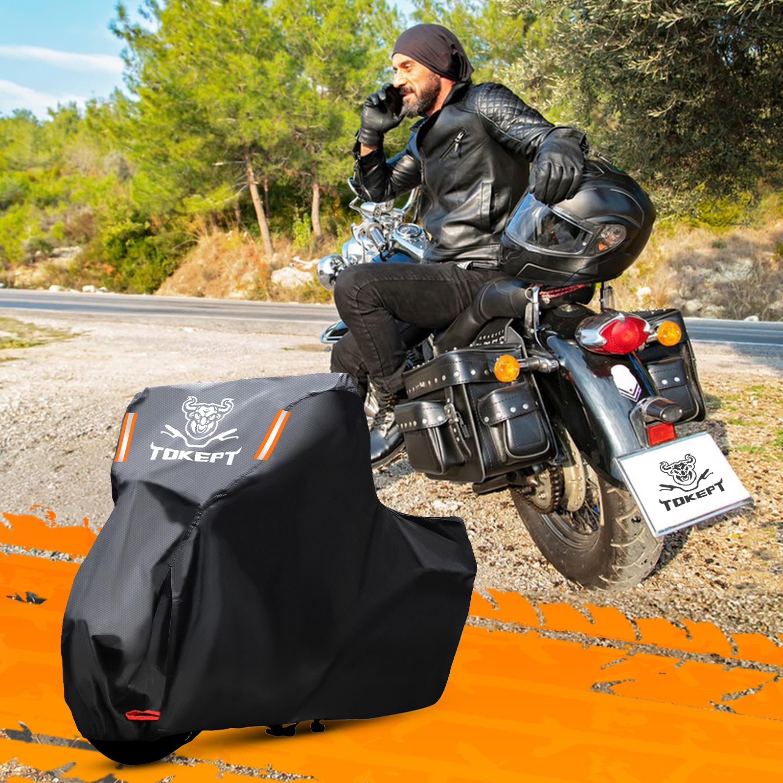 Tokept Black Motorcycle Cover, 210D Oxford Fabric All Weather Water Sun Protection, 116 inch Vehicle Cover for Harley Davidson Honda Suzuki Kawasaki Yamaha (XXXL)