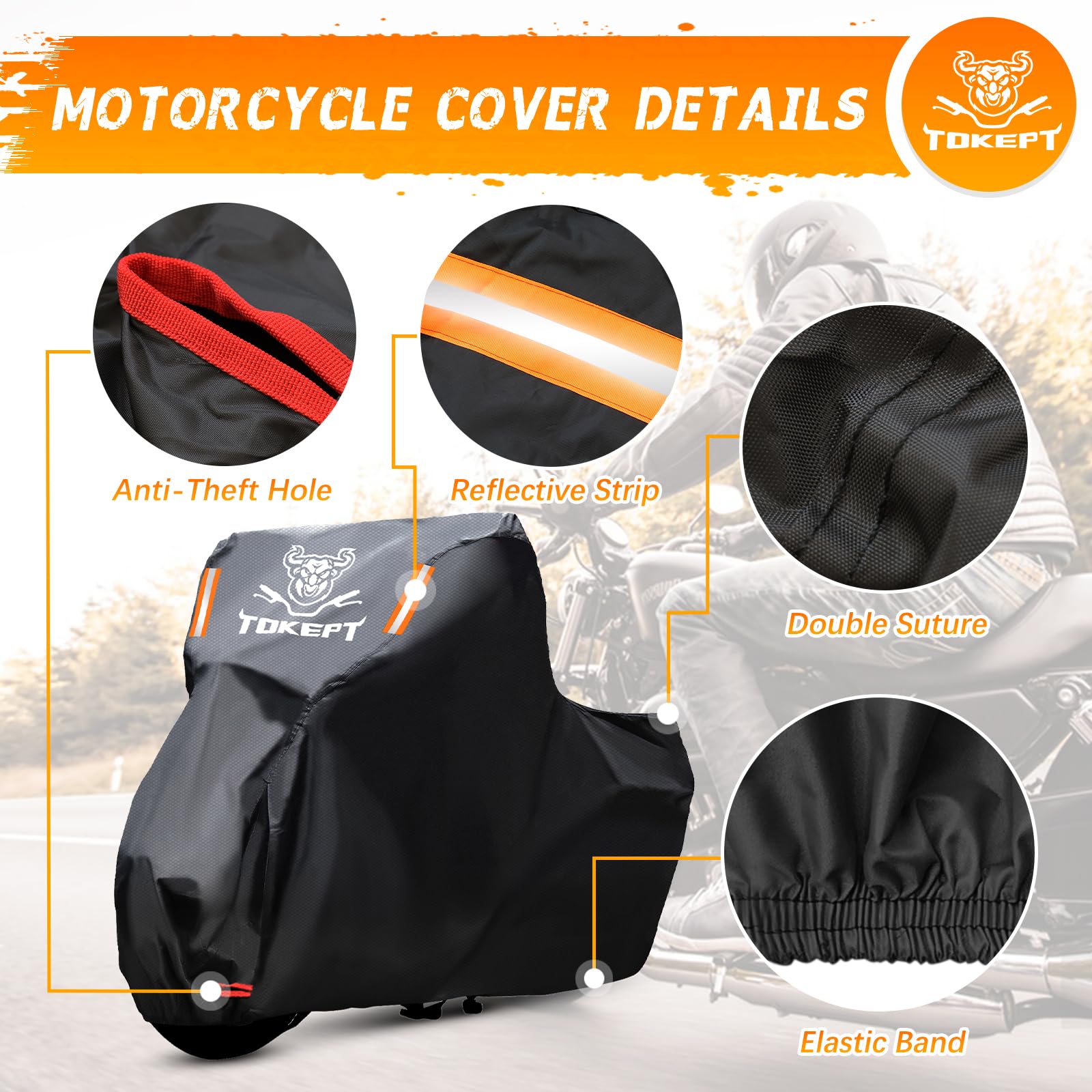 Tokept Black Motorcycle Cover, 210D Oxford Fabric All Weather Water Sun Protection, 116 inch Vehicle Cover for Harley Davidson Honda Suzuki Kawasaki Yamaha (XXXL)