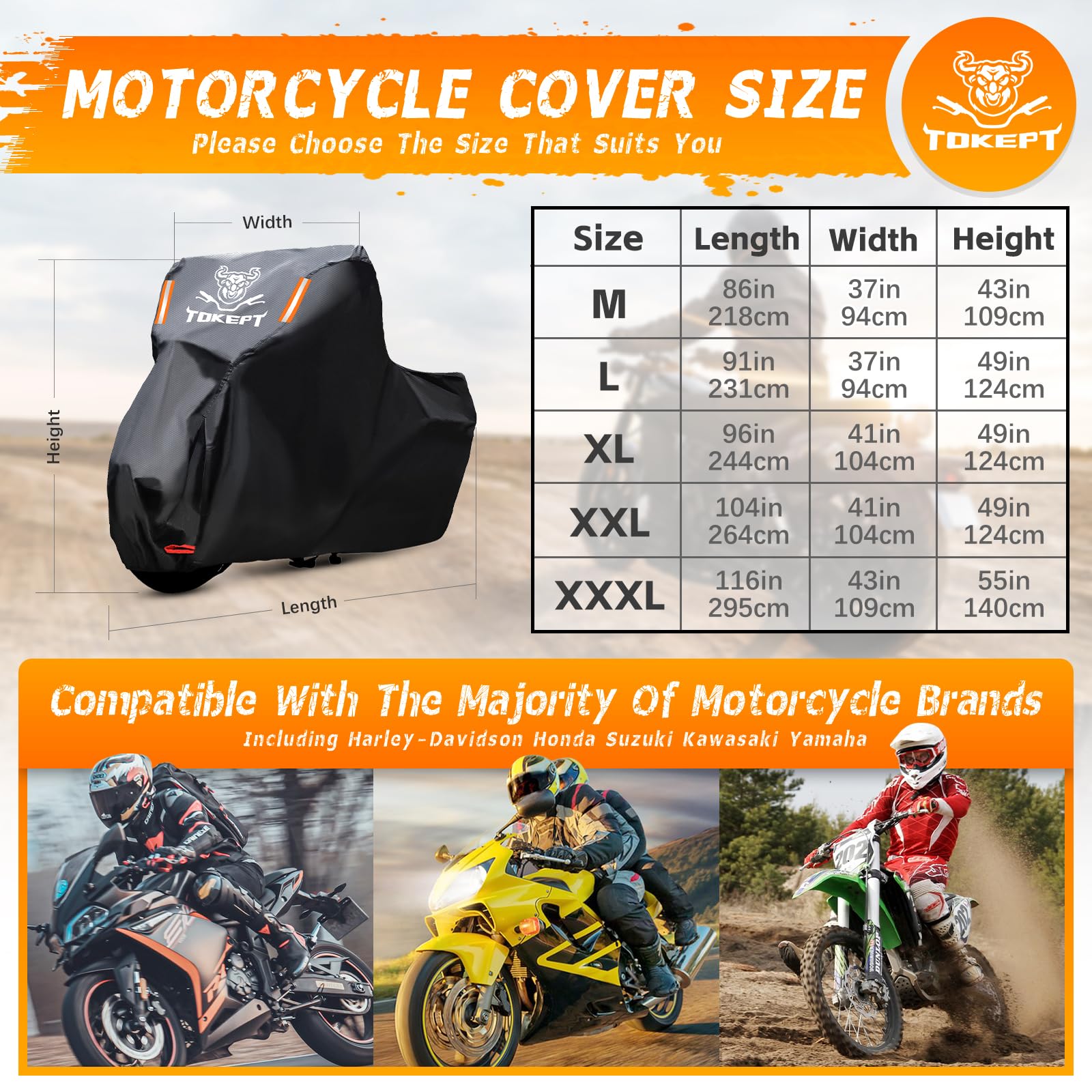 Tokept Black Motorcycle Cover, 210D Oxford Fabric All Weather Water Sun Protection, 116 inch Vehicle Cover for Harley Davidson Honda Suzuki Kawasaki Yamaha (XXXL)