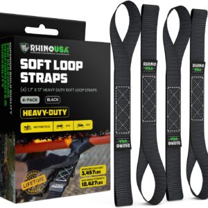 Rhino USA Soft Loop Motorcycle Tie-Down Straps (4PK) - 10,427lb Max Break Strength 1.7" x 17" Heavy-Duty Tie Downs for use w/Ratchet Strap (Black 4-Pack.)