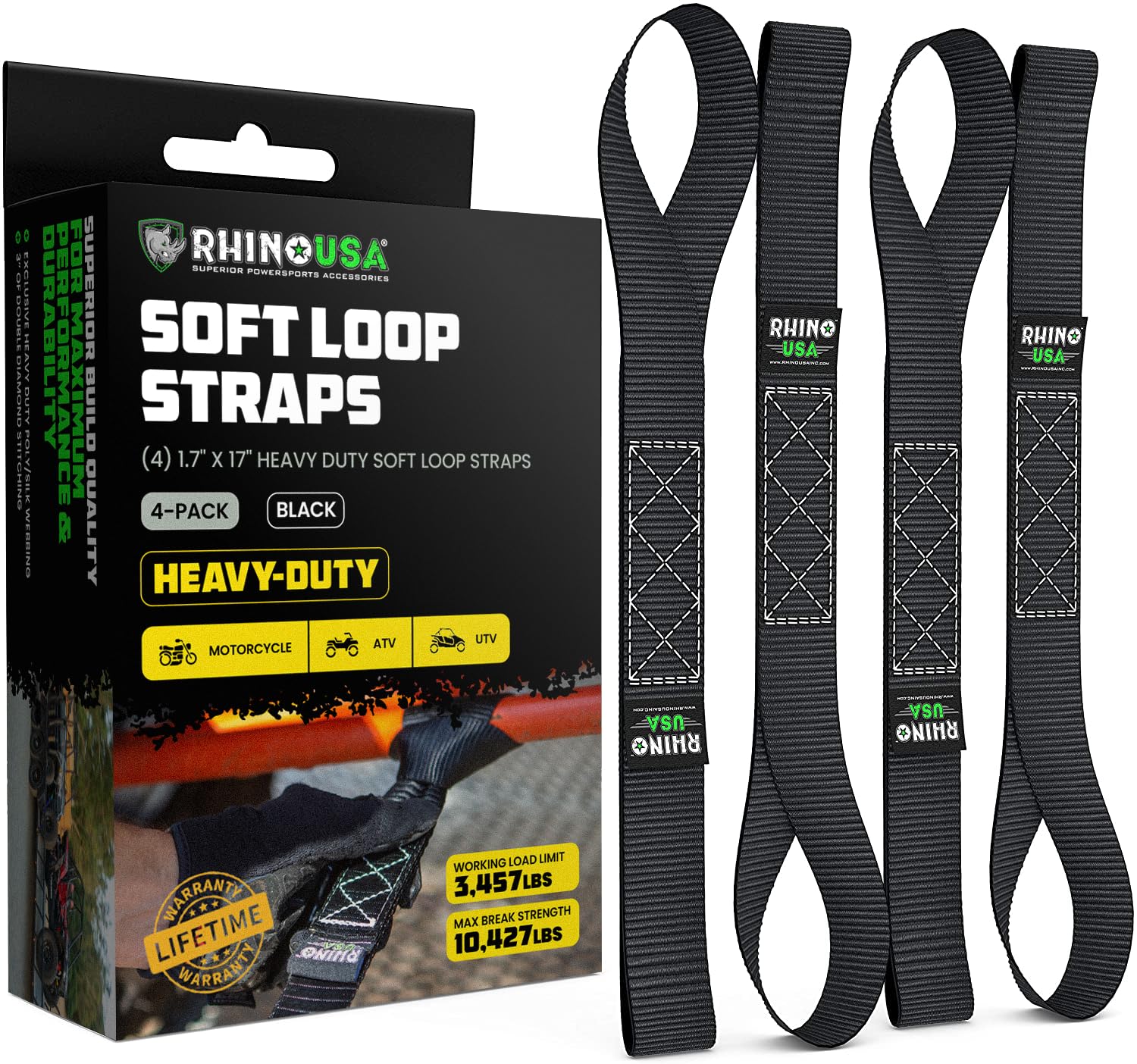 Rhino USA Soft Loop Motorcycle Tie-Down Straps (4PK) - 10,427lb Max Break Strength 1.7" x 17" Heavy-Duty Tie Downs for use w/Ratchet Strap (Black 4-Pack.)