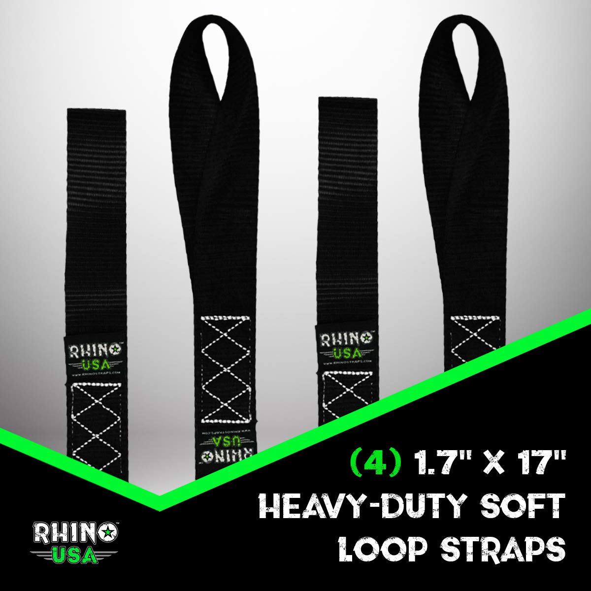 Rhino USA Soft Loop Motorcycle Tie-Down Straps (4PK) - 10,427lb Max Break Strength 1.7" x 17" Heavy-Duty Tie Downs for use w/Ratchet Strap (Black 4-Pack.)