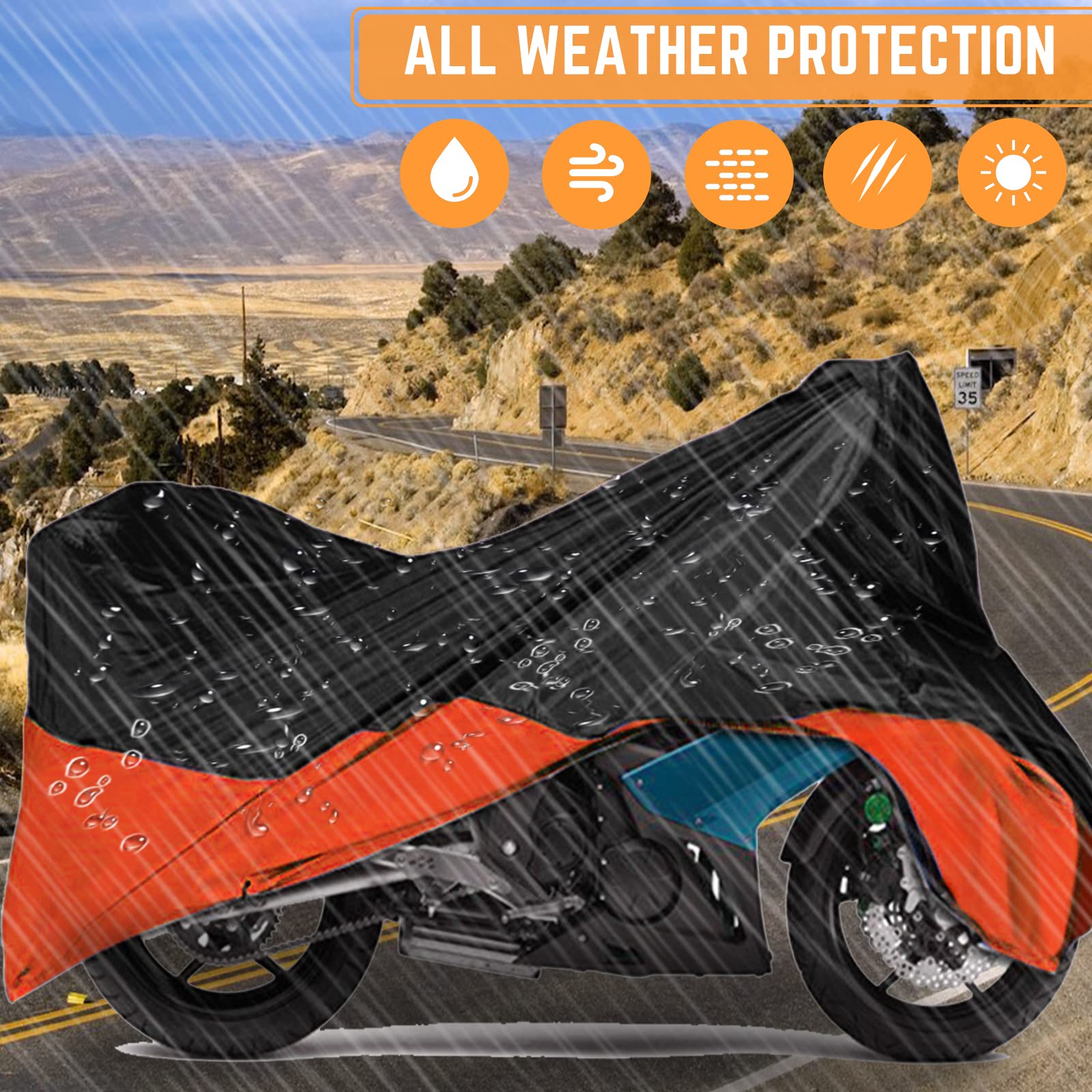 Acelane Motorcycle Cover, All Season Waterproof Outdoor Dustproof Durable Vehicle Cover with Lock Holes Fits up to 116 inches for Harley Davidson, Honda, Suzuki,Yamaha and More