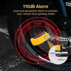 ZELENY Motorcycle Lock Anti Theft Motorcycle Disc Lock Motorcycle Alarm 110dB 7mm Pin, accessories with Reminder Cable and Carry Pouch, Waterproof, Heavy Duty Disc Brake Lock for Motorbike Bike Moped