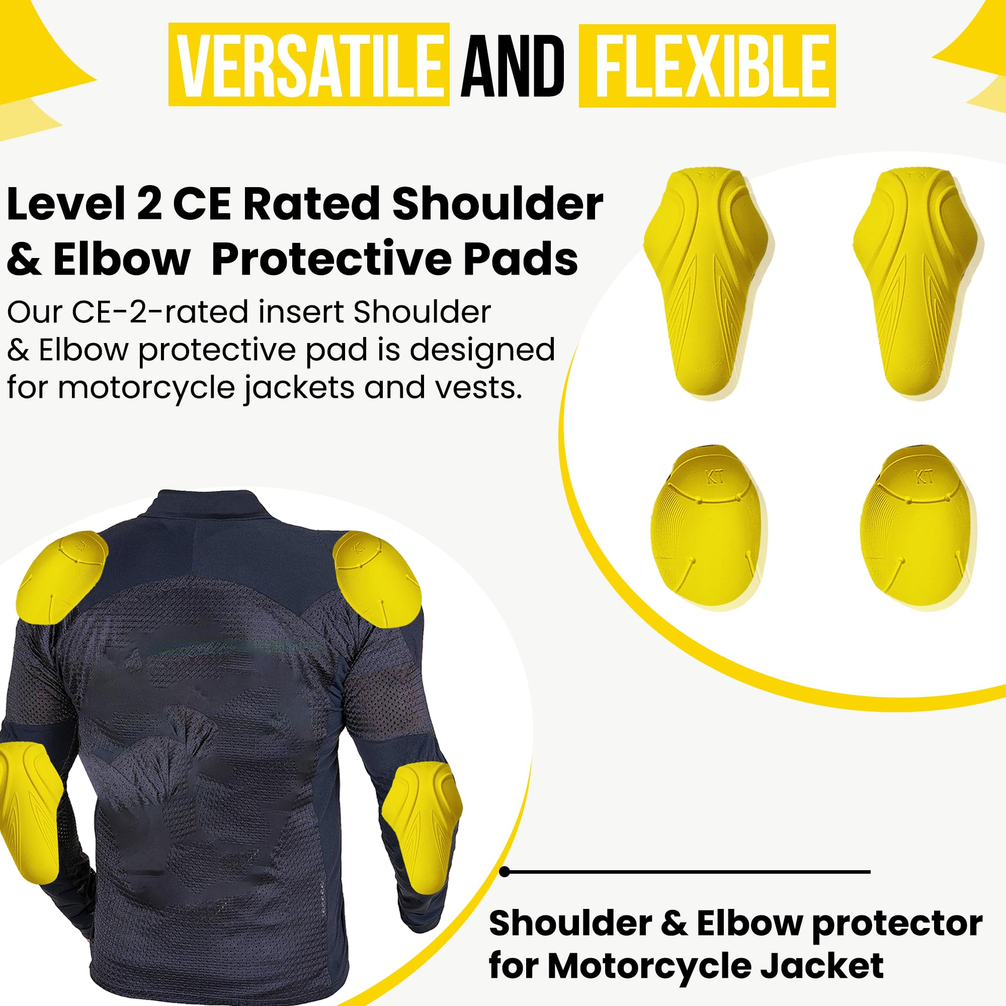 4PC CE Level 2 Elbow and Shoulder Certified Armor Pads Set, Level 2 Approved Men’s Biker Shoulder, and Elbows Protector for Motorcycle Jackets and Pants.