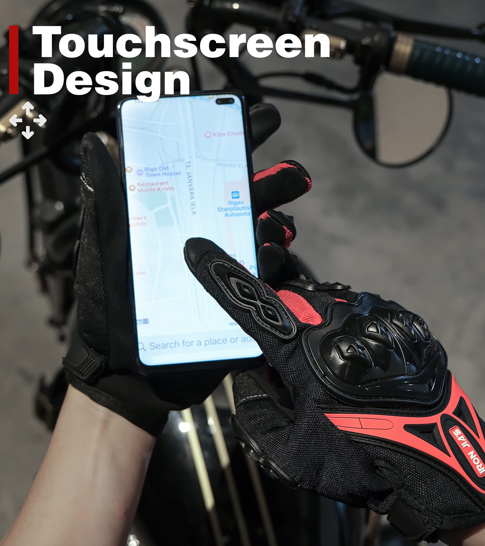 IRON JIA'S Motorcycle Gloves Full Finger Durable for Road Racing Bike Summer Spring Powersports Support Touch Screen red-L