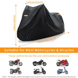 DKMOTORK Motorcycle Bike Scooter Cover All Season Waterproof Breathable Sun Outdoor Protection Three Reflective Tape with Lock-Holes & Storage Bag Universal (96.6''x41''x50'', Black)