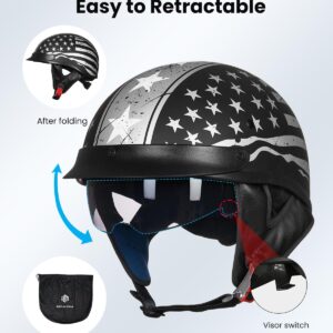 ILM Half Helmet Motorcycle Open Face Sun Visor Quick Release Buckle DOT Approved Cycling Motocross Suits Men Women 205V (L, Patriotic Flag)