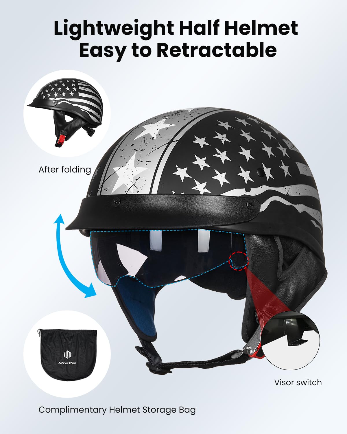 ILM Half Helmet Motorcycle Open Face Sun Visor Quick Release Buckle DOT Approved Cycling Motocross Suits Men Women 205V (L, Patriotic Flag)