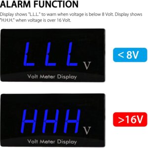 DC 12V Car Digital Voltmeter Gauge, Waterproof LED Display Motorcycle Voltmeter Power Energy Volt Meter Gauge for Trailer Camper Boat Marine Vehicle Caravan Car Battery Voltage Monitor (Blue)