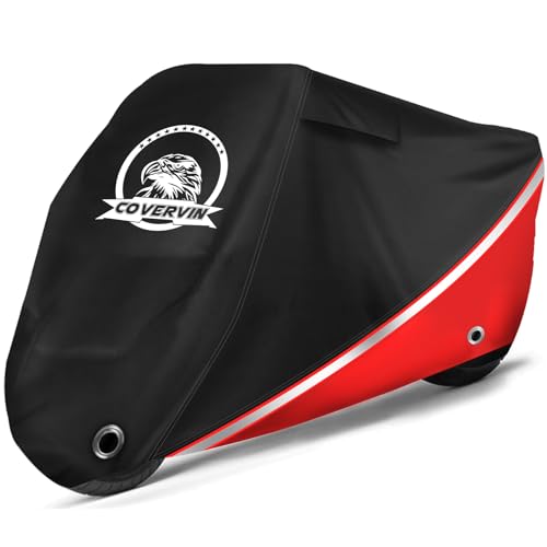 COVERVIN Motorcycle Cover, All Weather Outdoor Waterproof Night Protection with Reflective Strips, Locking Holes and Storage Bag for 96 Inch Suzuki, Kawasaki, Honda, Harley-Davidson(Red XL)