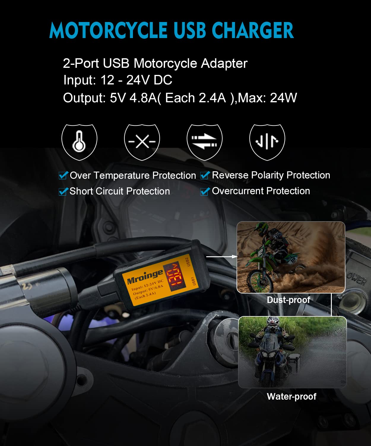 Motorcycle USB Charger, Mroinge 4.8A SAE to USB Adapter with Voltmeter & Ammeter, Quick Disconnect Plug with Dual USB Charger Perfect for Smart Device Charging, with ON/OFF Switch & Waterproof Cover