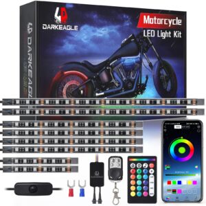 ld darkeagle 8pcs motorcycle rgb led light kits with app/rf remote, dual zone motorcycle strip lights with brake turn signal, 12v waterproof multi-color motorcycle underglow lights for harley honda