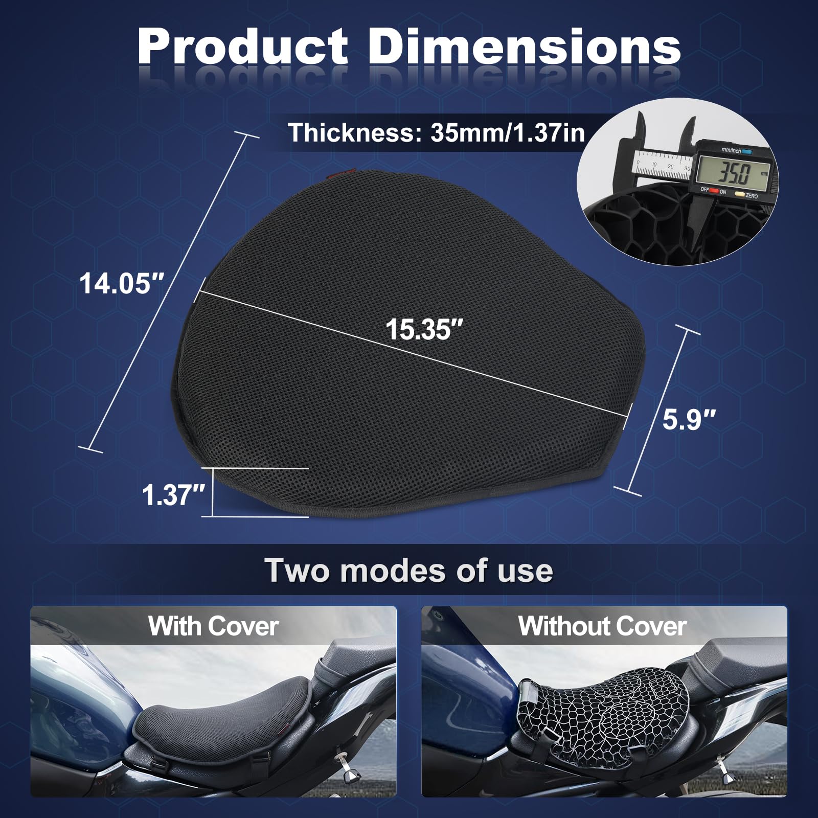 SKYJDM Detachable Motorcycle Gel Seat Cushion with Seat Cover, Large 3D Honeycomb Structure Shock Absorption & Breathable Motorcycle Gel Seat Pad for Long Rides