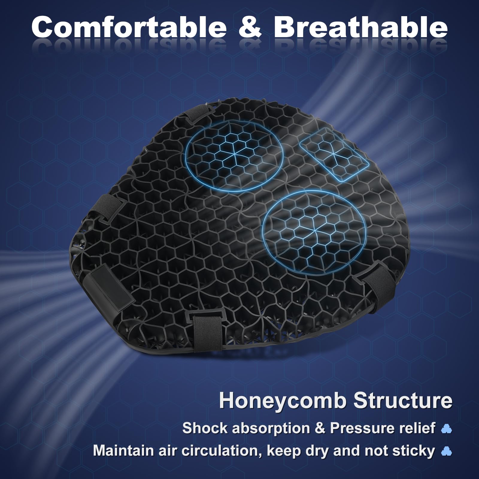 SKYJDM Detachable Motorcycle Gel Seat Cushion with Seat Cover, Large 3D Honeycomb Structure Shock Absorption & Breathable Motorcycle Gel Seat Pad for Long Rides