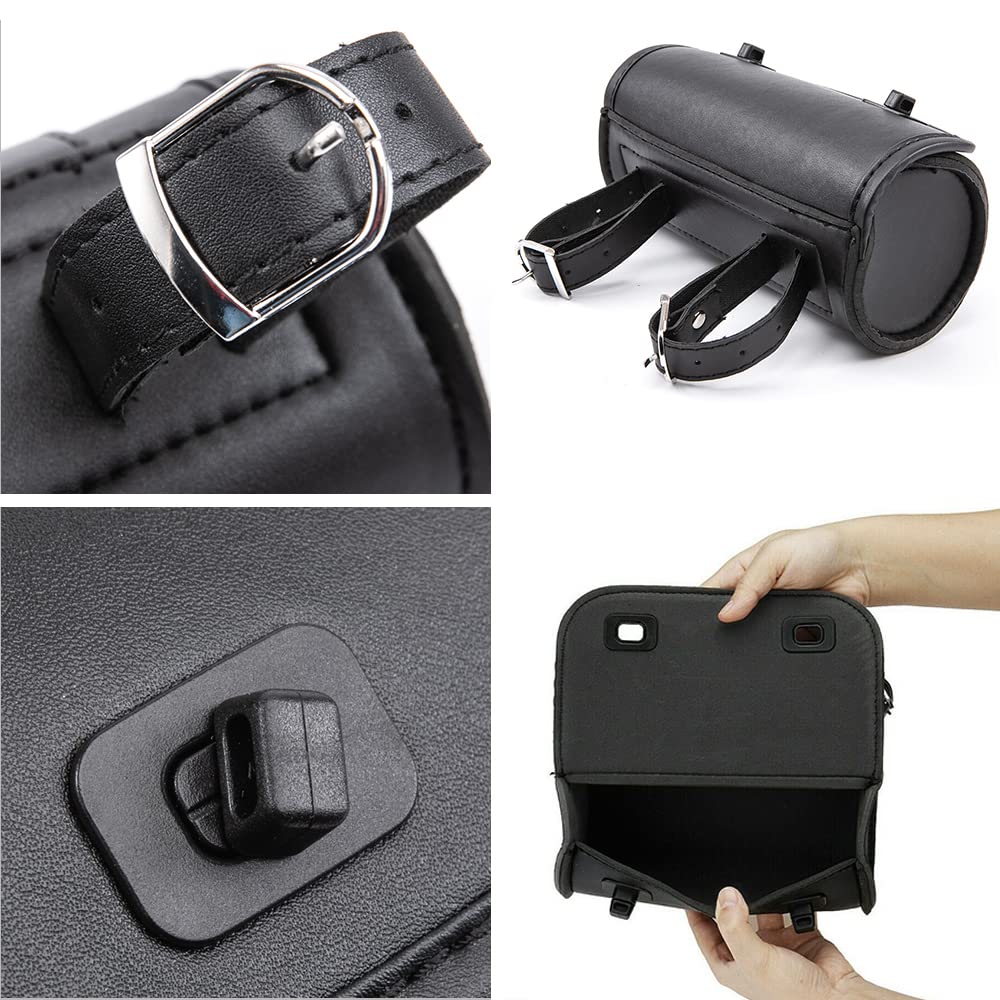 kucehiup Motorcycle Handlebar Bag,Tool Bag PU Leather Universal Barrel Roll Bag Motorcycle Fork Bag Saddlebags Sissy Bar Pouch Storage Bag for Motorbike Bike(Black)