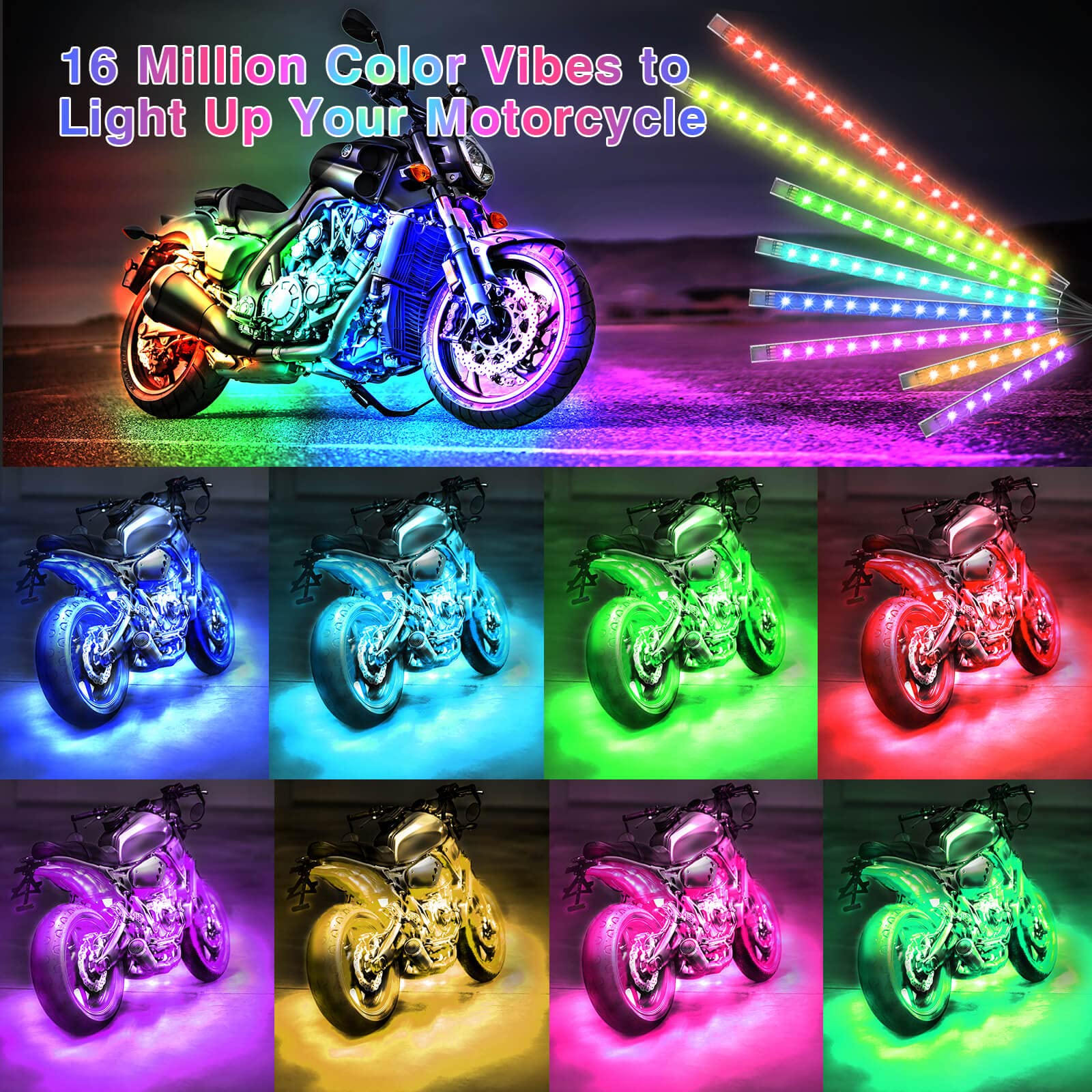 LD DARKEAGLE 20PCS Motorcycle LED Light Kit with Brake Light Turn Signal Dual Zone, Motorcycle Underglow Lights with APP/RF Remote, RGB Neon Strips MultiColor Waterproof for Harley Honda Kawasaki Golf