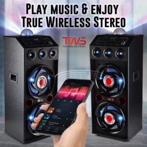 QFX SBX-412207BT TWS Bluetooth Cabinet Speaker with Dual 12" Woofers, LED Party Lights, FM Radio, USB/TF Card Ports, Aux Input, Red