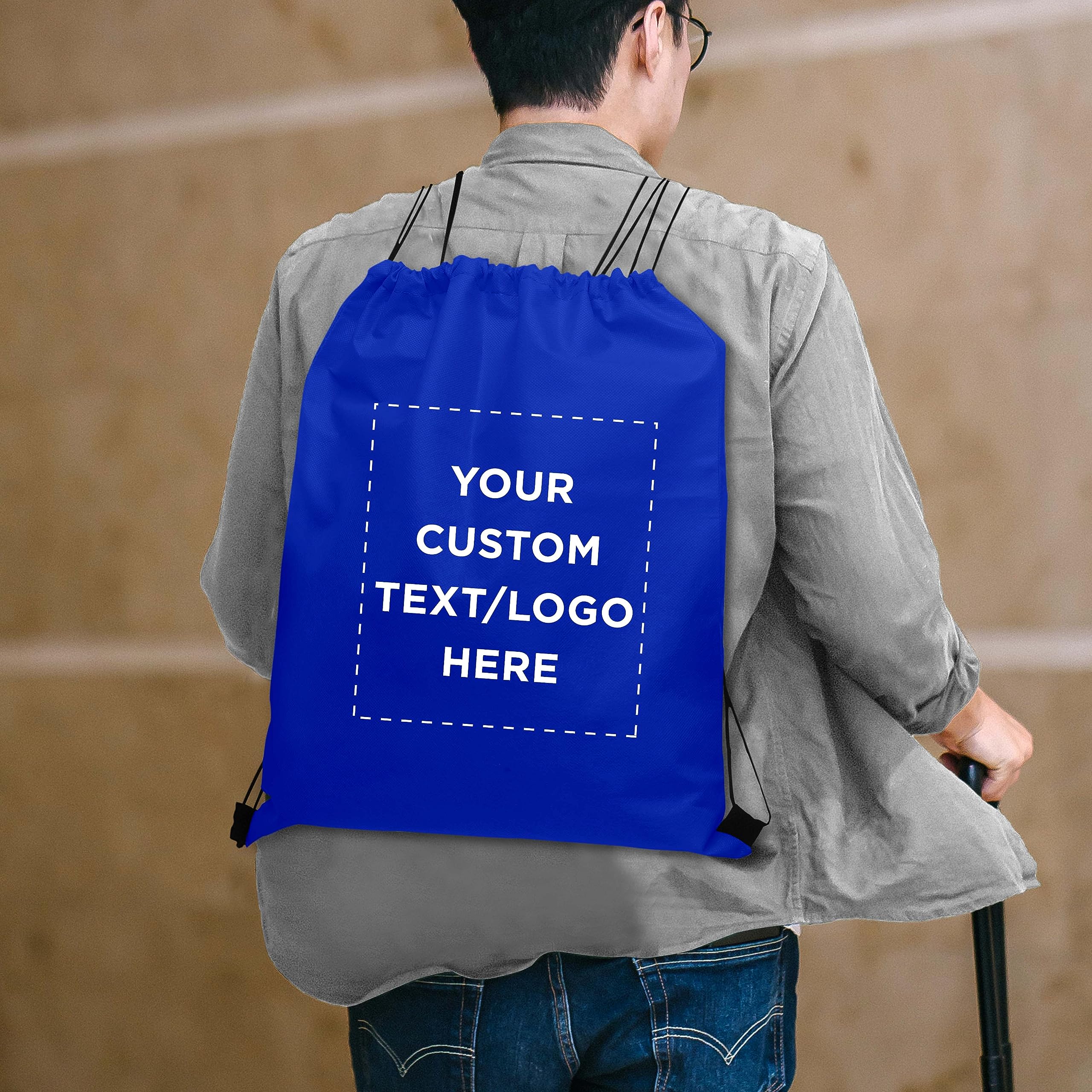 DISCOUNT PROMOS Custom Non-Woven Drawstring Backpacks Set of 100, Personalized Bulk Pack - Bring Everywhere You Go, Great for Travelling, Gym and for Everyday Use - Blue