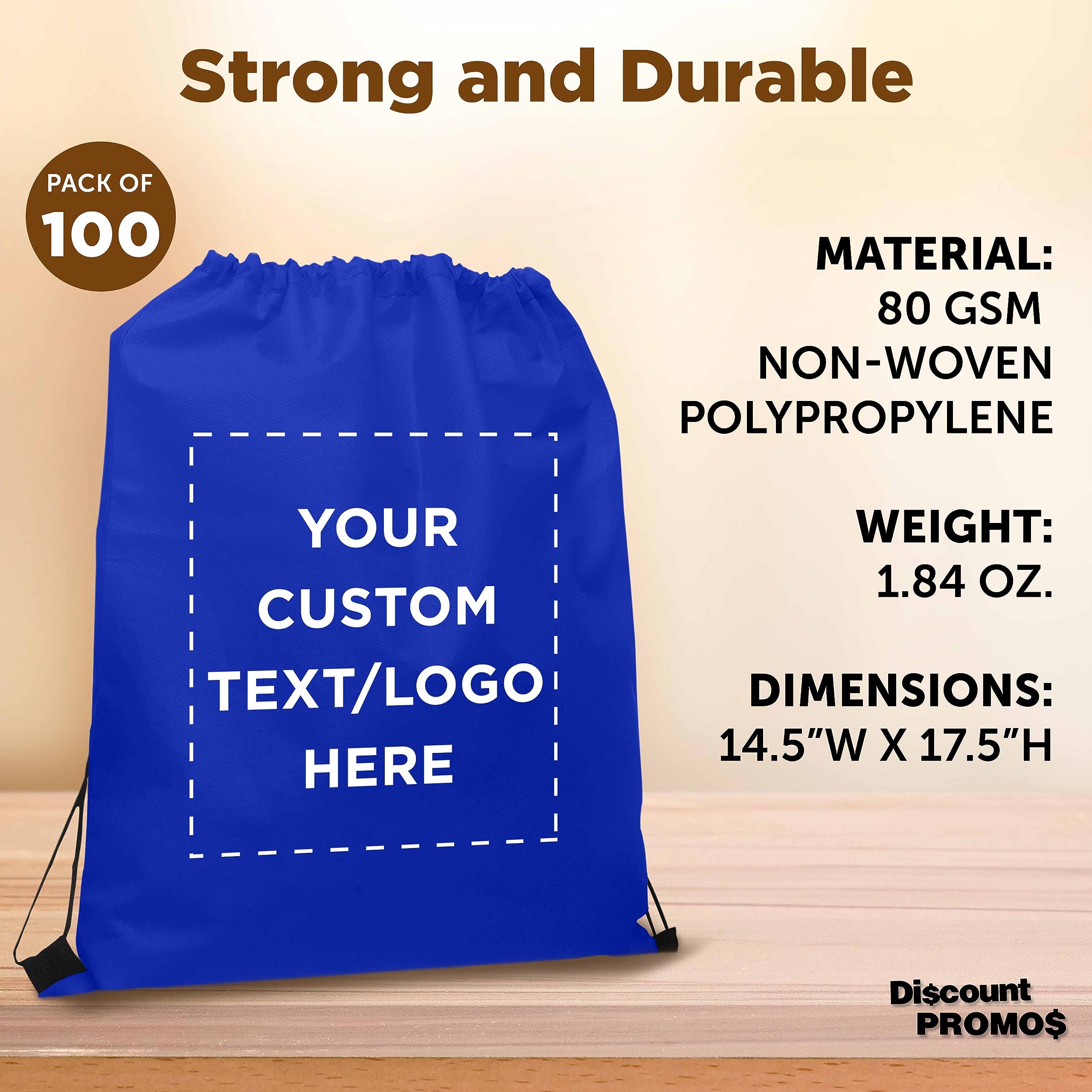 DISCOUNT PROMOS Custom Non-Woven Drawstring Backpacks Set of 100, Personalized Bulk Pack - Bring Everywhere You Go, Great for Travelling, Gym and for Everyday Use - Blue