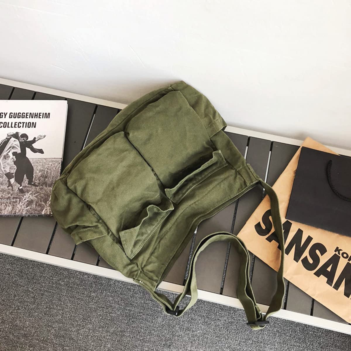 GAXOS Aesthetic Cute Messenger Bag for School Vintage Green Canvas Crossbody for Women Shoulder Laptop Bag