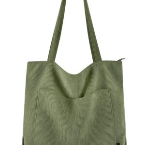 Prite Corduroy Tote Bag for Women Large Shoulder Bag with Zipper and Pockets for College Work Travel Shopping(Green)