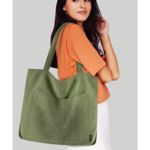 Prite Corduroy Tote Bag for Women Large Shoulder Bag with Zipper and Pockets for College Work Travel Shopping(Green)