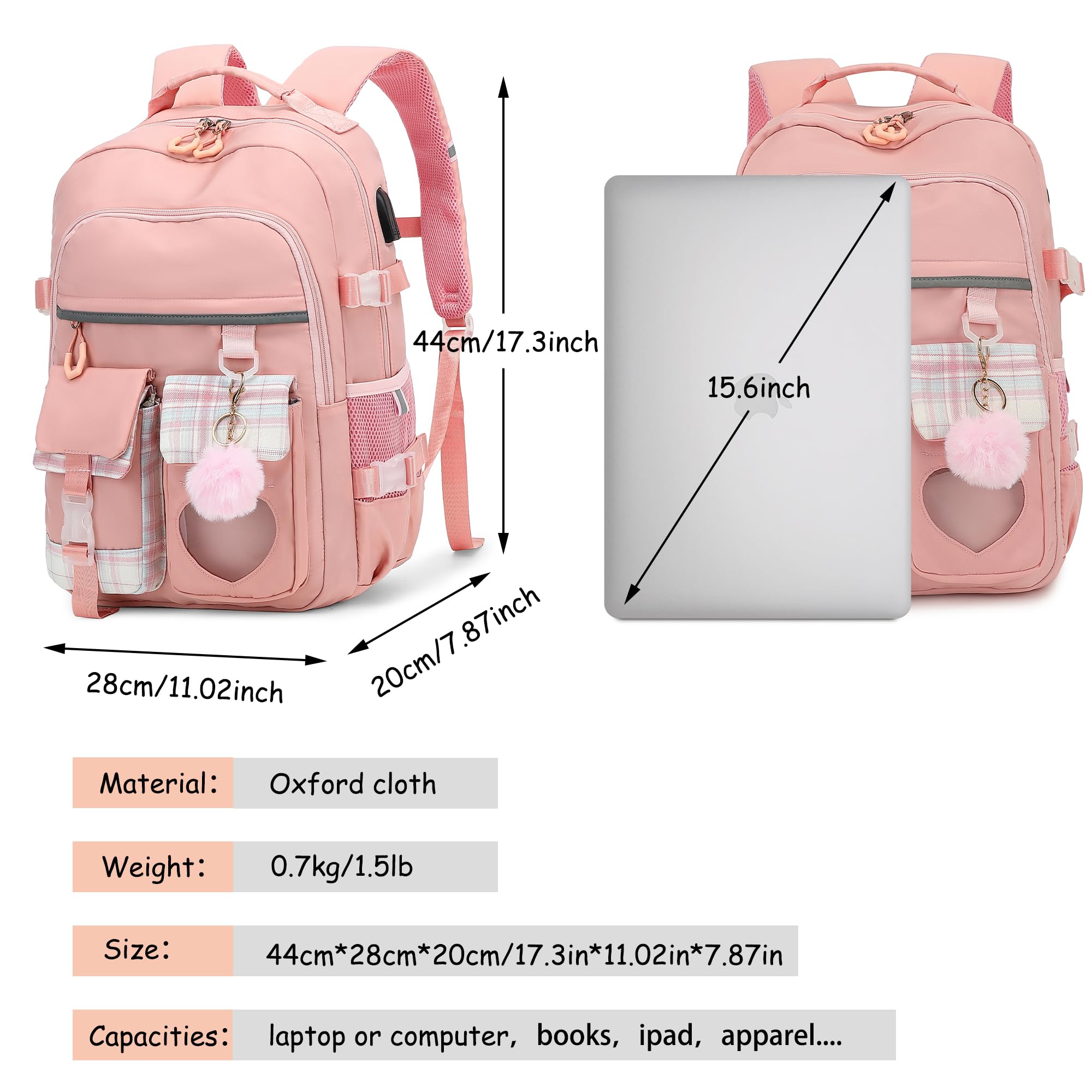 Makukke School Backpack for Girls, School Bag Kids Elementary College Backpacks Bookbags for Teen Girls Women Students Travel Daypack, Pink Backpack