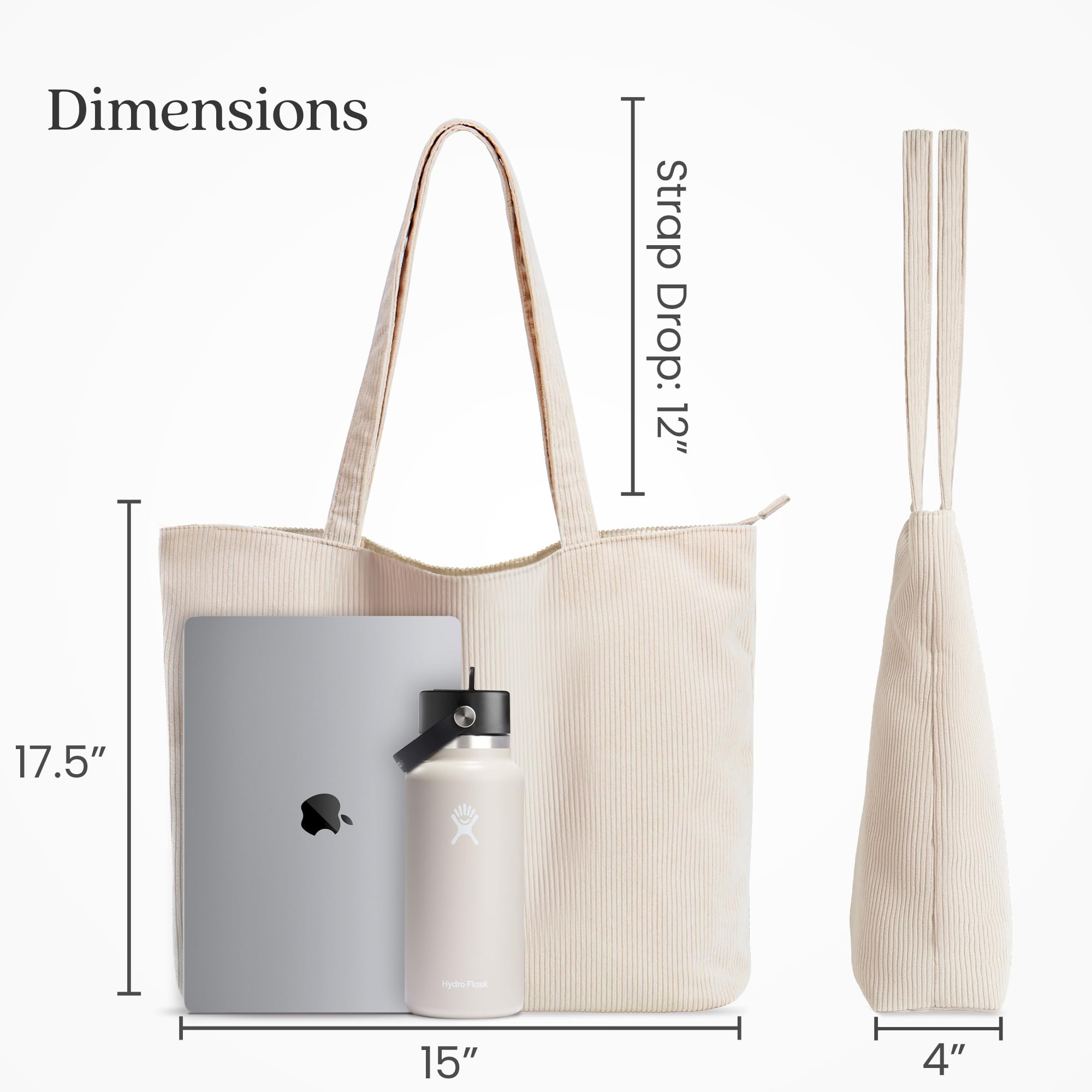 VANDEL Corduroy Tote Bag for Women and Men with Zipper and Inner Pockets. Beige Zipper Tote Bag, Cute Tote Bag Aesthetic