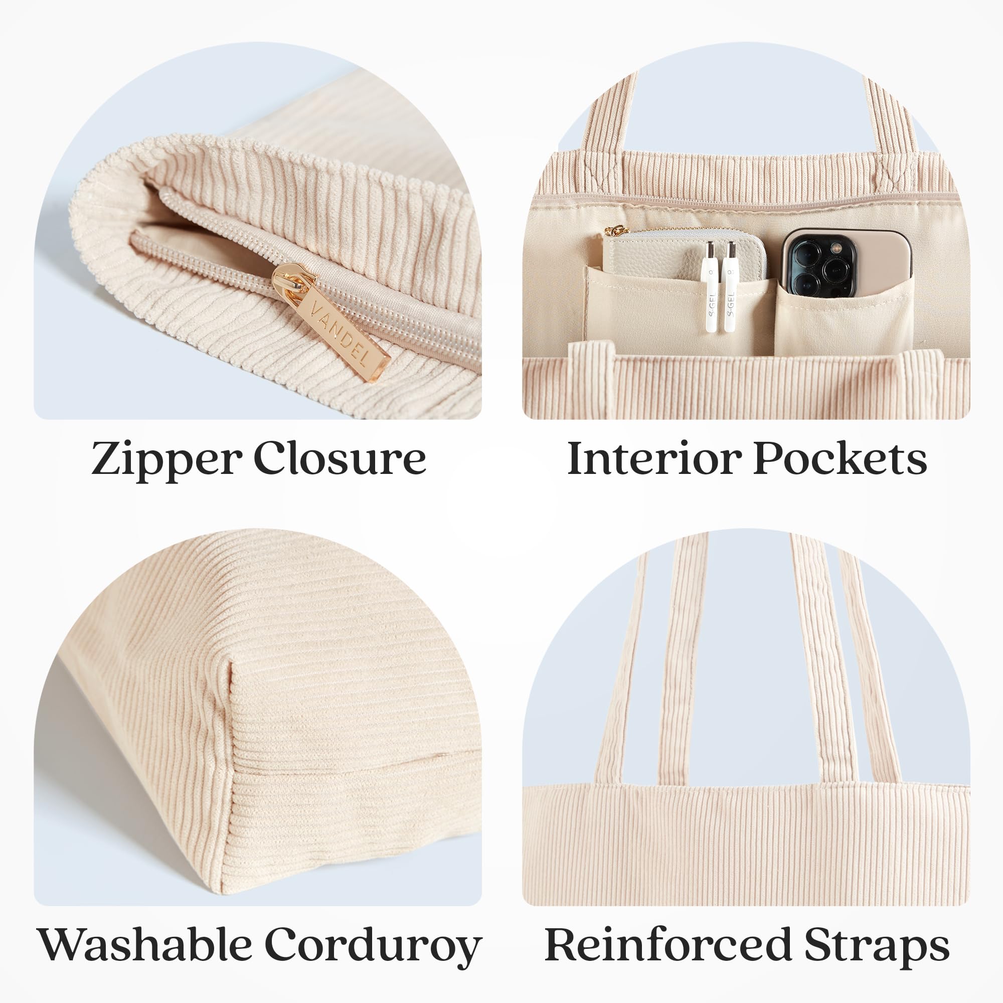 VANDEL Corduroy Tote Bag for Women and Men with Zipper and Inner Pockets. Beige Zipper Tote Bag, Cute Tote Bag Aesthetic