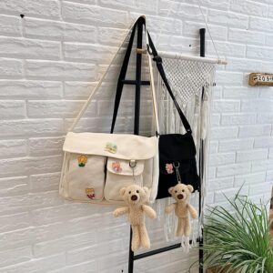 PRAGARI Canvas Crossbody Bag Messenger Cute Bag with Pins and Pendant for Women Girls Casual Shoulder Aesthetic School bag