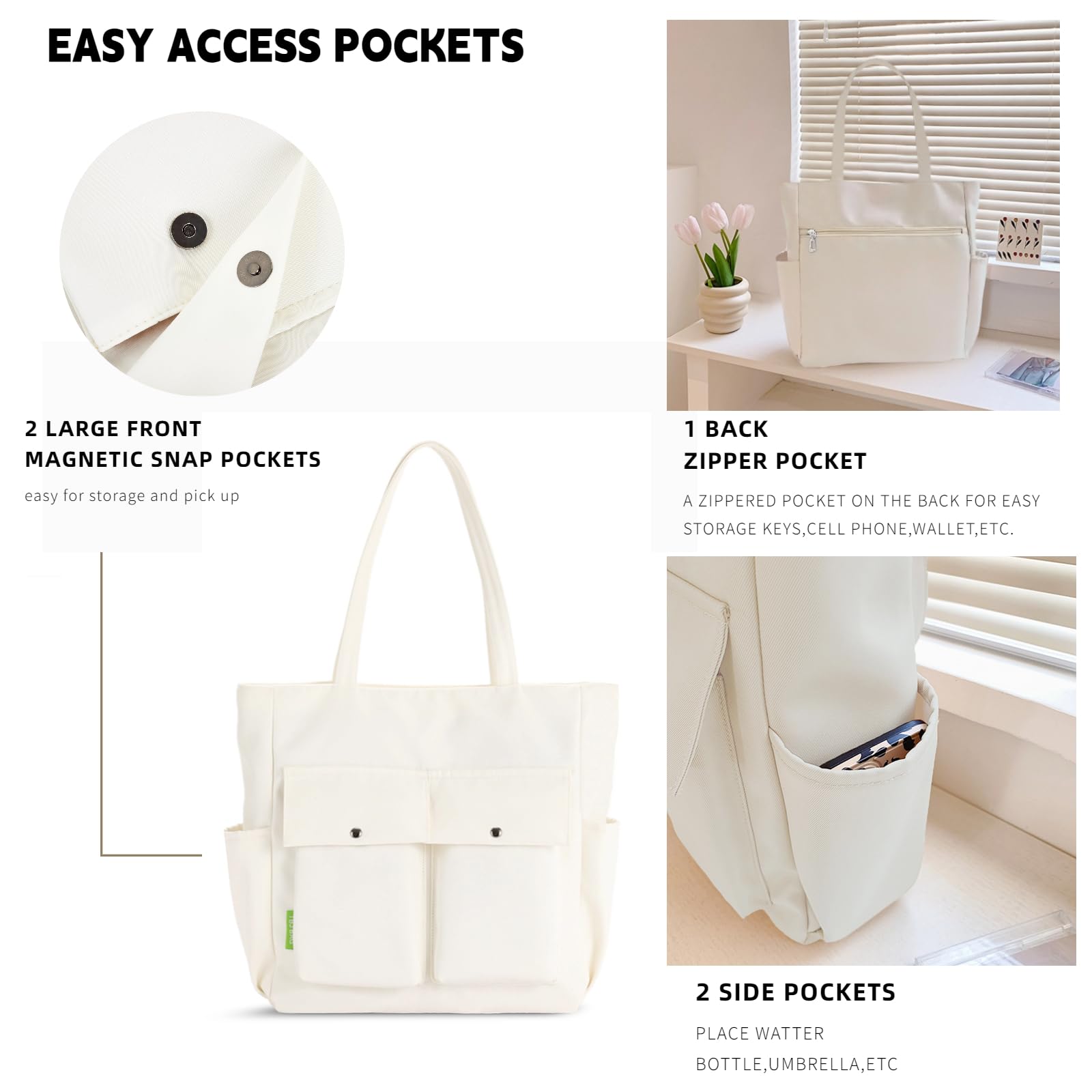 Ruofuna Women Tote Bag with Pockets Zipper Casual Shoulder Handbags Waterproof Nylon Cute Totes Bag with Compartments White