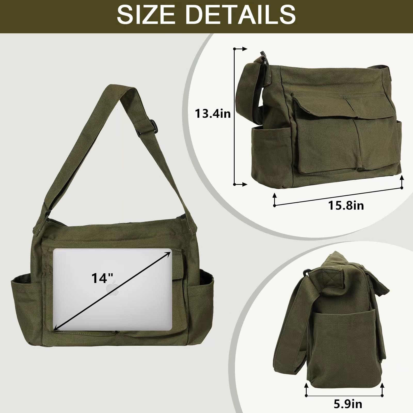 Canvas Messenger Bag Large Hobo Crossbody Bags with Multiple Pockets,School Vintage Shoulder Laptop Bag for Women and Men-Army Green